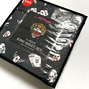 NWT ED HARDY 6-Piece KING Sheet Set Americana Tattoo Illustration Skull Poker